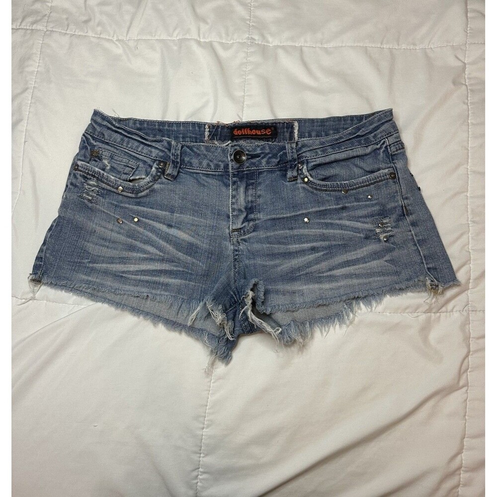 Y2K Dollhouse Studded Rhinestone Shorts Denim Mini Sz 11 Junior/women Distressed